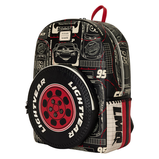 Détail des appliqués et broderies colorées sur le sac à dos Loungefly Cars McQueen