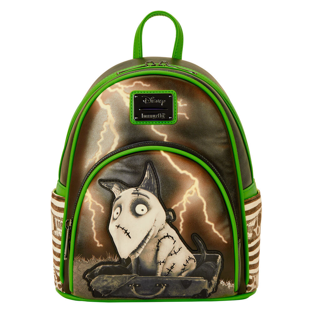 Détail des appliqués et broderies sur le sac à dos Loungefly Disney Sparky Frankenweenie