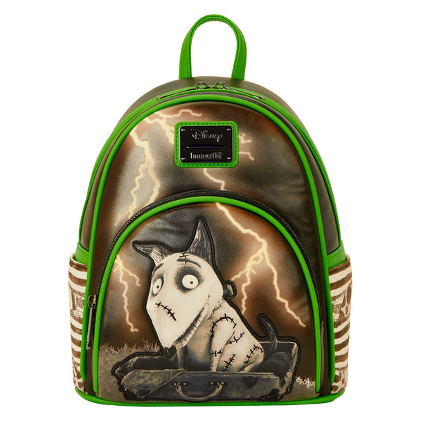 Détail des appliqués et broderies sur le sac à dos Loungefly Disney Sparky Frankenweenie