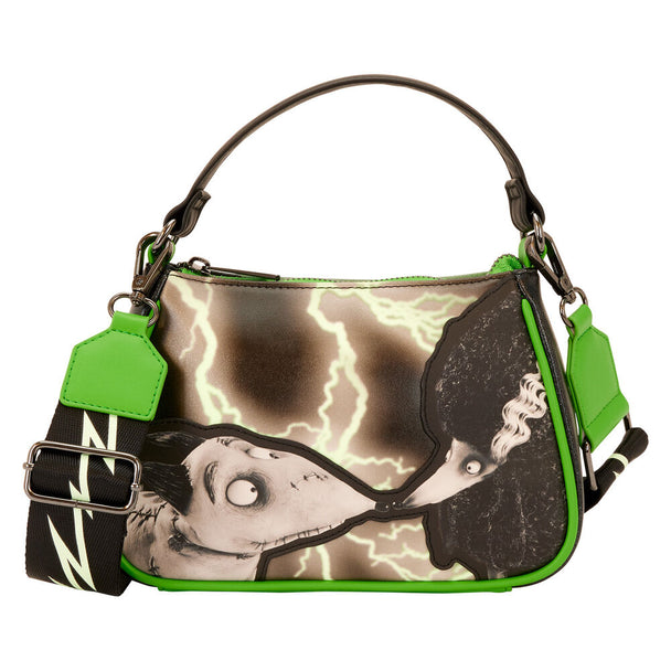 Vue de face du sac Loungefly Disney Frankenweenie Sparky avec sangle bandoulière ajustable