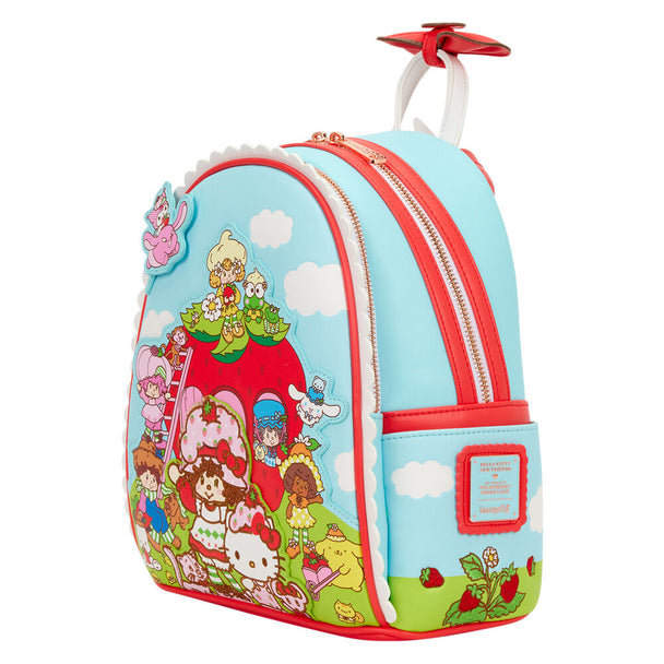 Vue de face du sac à dos parfumé à la fraise avec bandoulières réglables et doublure intérieure assortie