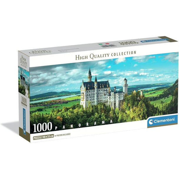Vue rapprochée des pièces du puzzle CLEMENTONI représentant le détail architectural du Château de Neuschwanstein.