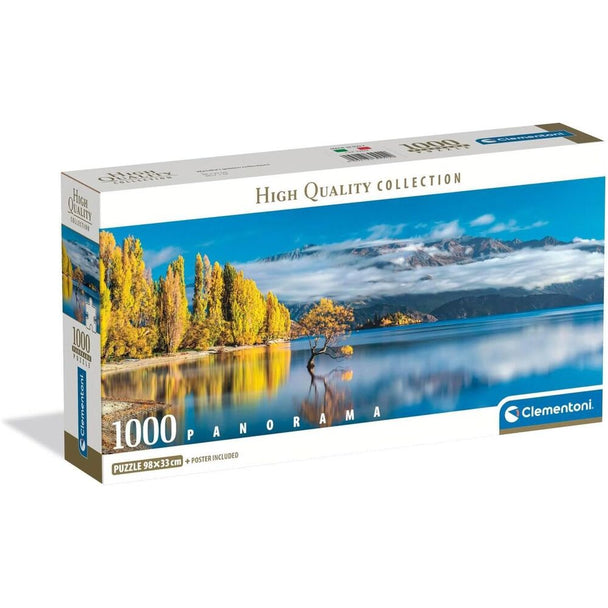 Boîte du puzzle CLEMENTONI Wanaka Golden Reflections 1000 pièces avec image panoramique du lac et détails dorés sur fond bleu