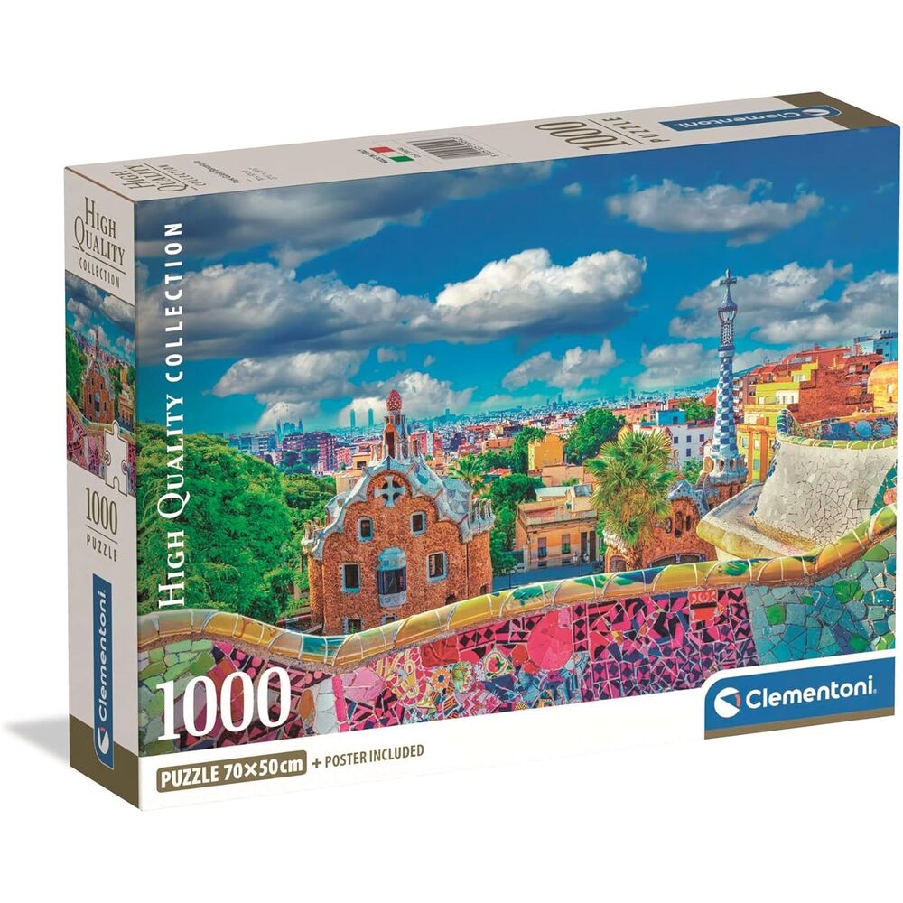 Image du puzzle assemblé Park Guell montrant les détails architecturaux et le paysage vibrant du célèbre parc catalan