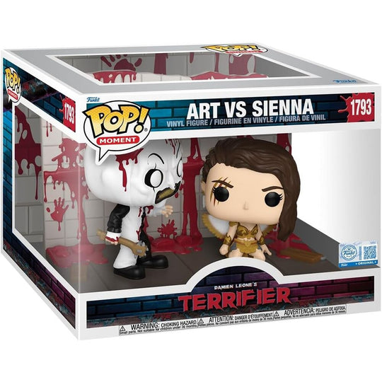 Figurine Funko POP Moments Terrifier Art le Clown contre Sienna, mettant en scène une scène emblématique du film d'horreur, avec des détails soignés et une présentation dynamique.
