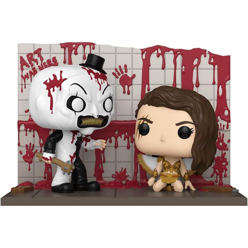 Gros plan de la figurine Funko POP Moments Terrifier Art vs Sienna Exclusive, montrant les détails précis des personnages d'Art le Clown et Sienna, ainsi que la qualité de la peinture et de la sculpture.