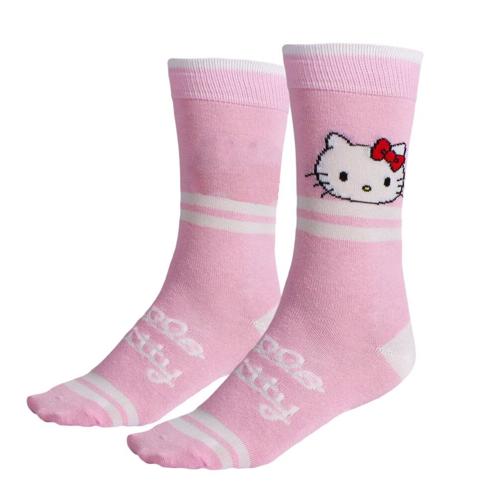 Chaussettes Hello Kitty pour adulte, gros plan sur le motif du personnage, idéal pour les fans de Sanrio et les amateurs de mode kawaii.