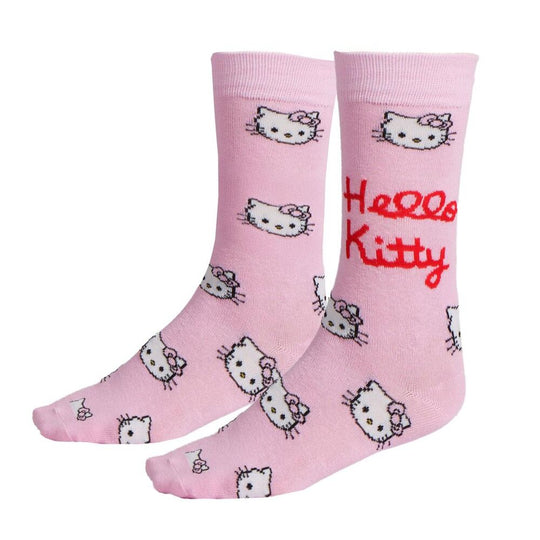 Chaussettes Hello Kitty pour adulte CERDÁ, vue rapprochée du motif Hello Kitty souriante sur fond rose, idéal pour les fans du personnage.