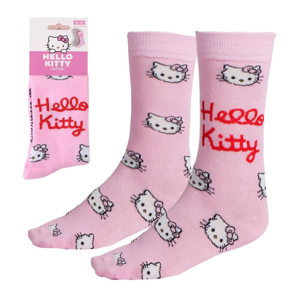 Chaussettes Hello Kitty pour adulte CERDÁ, présentation de la paire complète, montrant la taille 36/43 et la composition en coton pour un confort optimal.