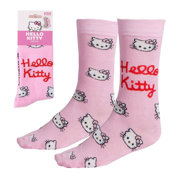 Chaussettes Hello Kitty pour adulte CERDÁ, présentation de la paire complète, montrant la taille 36/43 et la composition en coton pour un confort optimal.