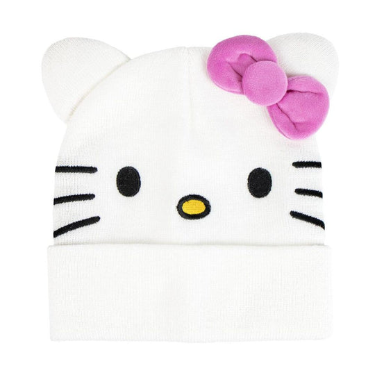 Gros plan du bonnet Hello Kitty CERDÁ, mettant en évidence la texture douce et chaude de l'acrylique et la qualité de la broderie.