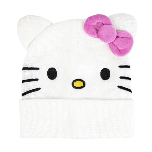 Gros plan du bonnet Hello Kitty CERDÁ, mettant en évidence la texture douce et chaude de l'acrylique et la qualité de la broderie.