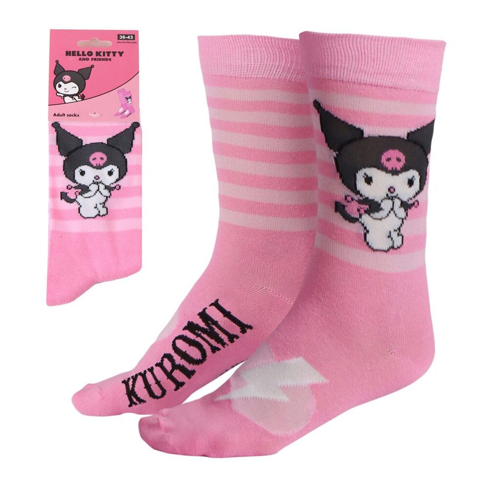 Chaussettes Hello Kitty et Kuromi pour adulte, taille 36/43, de la marque CERDÁ, montrant les deux personnages sur un fond coloré et joyeux.
