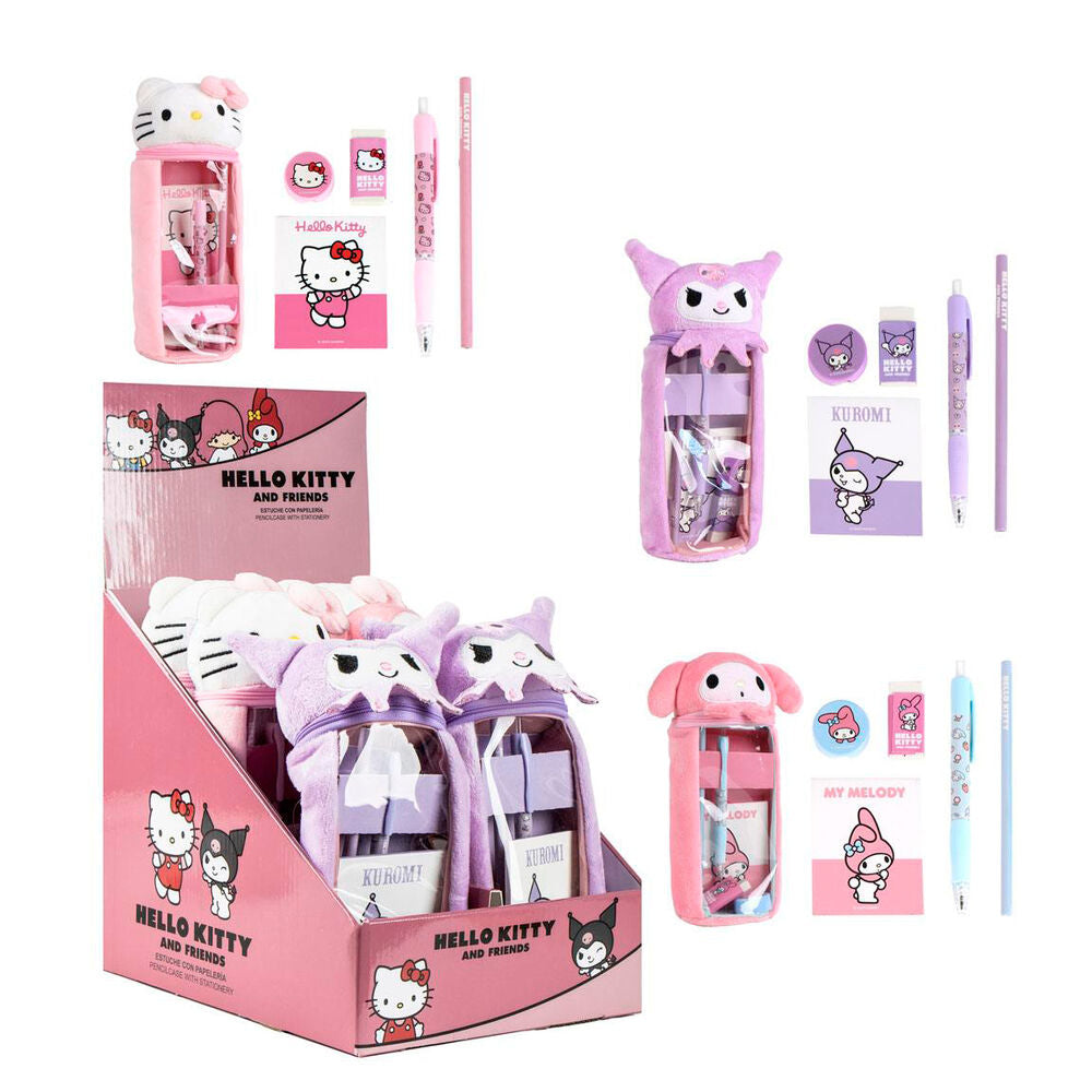 Trousse en peluche Hello Kitty Disney, vue de face, montrant les détails de la broderie et la douceur du tissu.