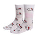 Image présentant les trois paires de chaussettes Hello Kitty portées, illustrant la coupe et le style sur un pied adulte.