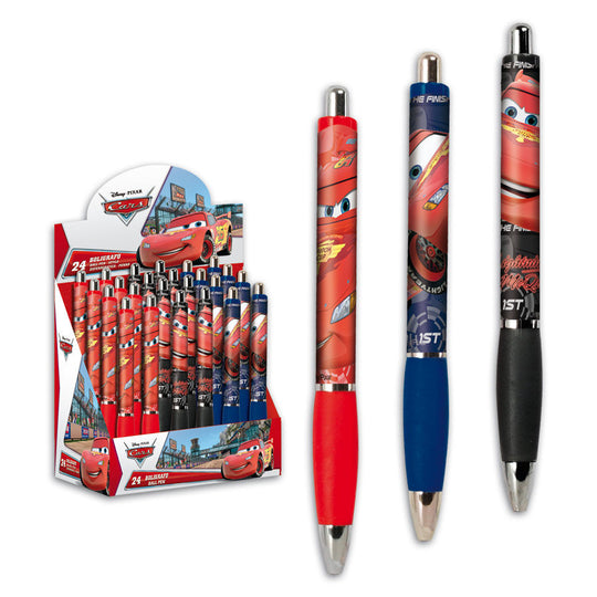 Stylo à bille Cars Disney PERONA en lot de 24 unités avec deux modèles assortis, présenté sur fond blanc.