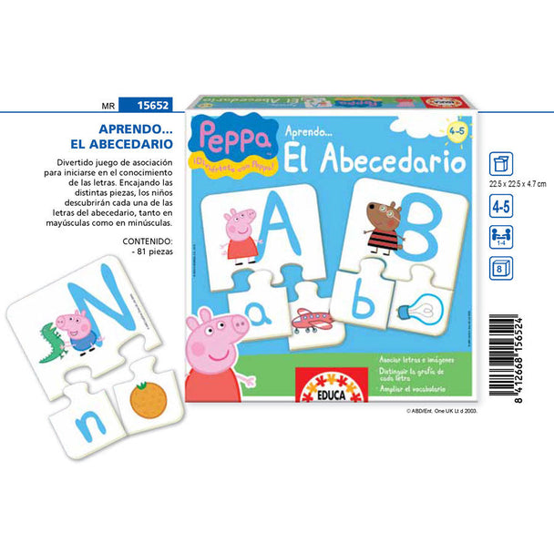 Pièces du jeu Peppa Pig montrant les lettres majuscules et minuscules à assembler pour enfants