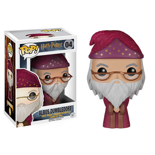 Figurine POP Funko d'Albus Dumbledore de la saga Harry Potter en vinyle, mesurant environ 9 cm, présentée sur fond blanc.