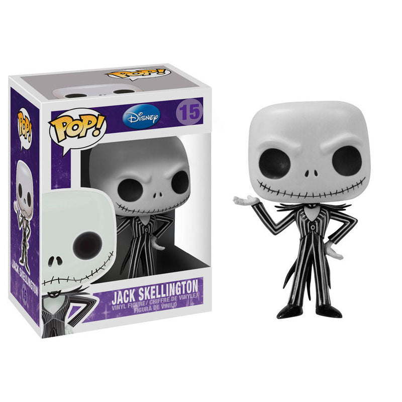Figurine POP Jack Skellington FUNKO de 9cm vue de face avec son costume emblématique noir et blanc