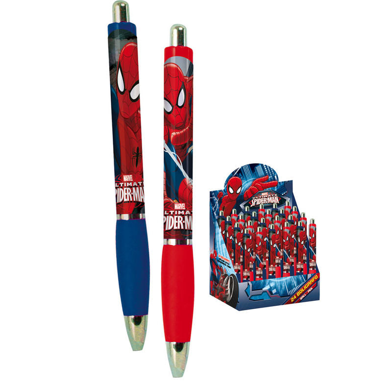 Lot de 24 stylos à bille Spiderman Marvel avec design yeux emblématiques, marque PERONA, présenté en exposition.