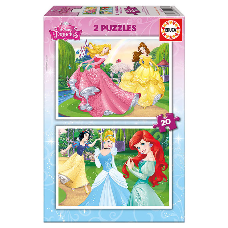 Puzzle Disney Princess 2x20 pièces EDUCA BORRAS avec images colorées de princesses, dimensions 28x20 cm