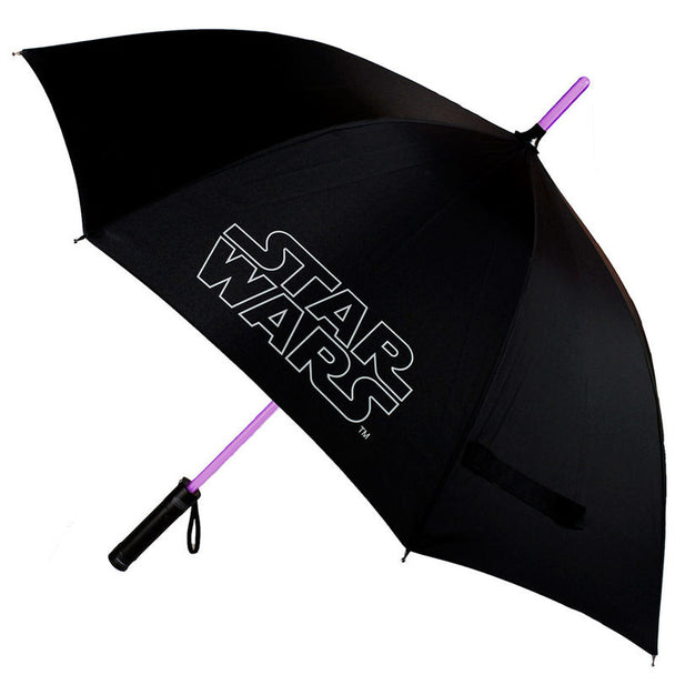 Gros plan du manche du parapluie Star Wars, montrant la lampe de poche intégrée et les détails de conception inspirés de l'univers Star Wars.