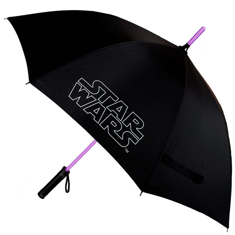 Gros plan du manche du parapluie Star Wars, montrant la lampe de poche intégrée et les détails de conception inspirés de l'univers Star Wars.