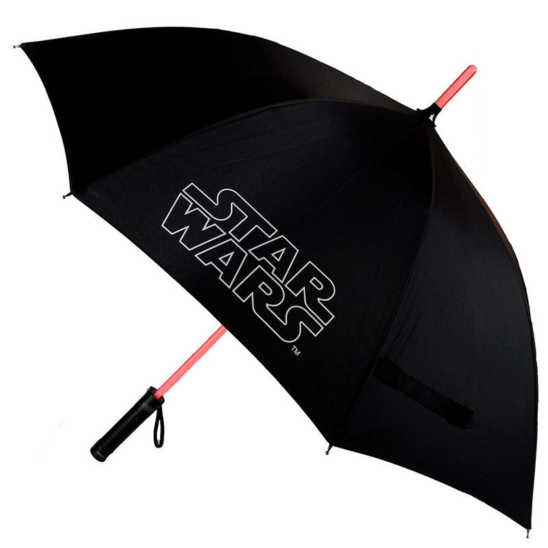 Détail du tissu du parapluie Star Wars, mettant en évidence la qualité du polyester taffetas et le logo Star Wars subtilement intégré dans le design.