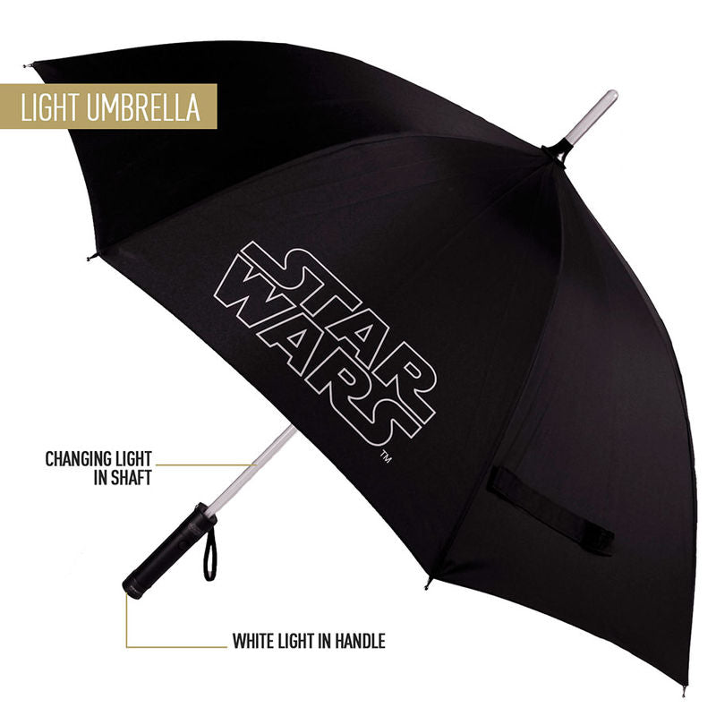 Parapluie Star Wars plié, montrant sa compacité et sa facilité de transport, idéal pour les déplacements quotidiens ou les voyages.