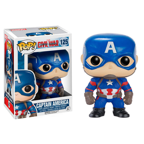 Figurine POP FUNKO Captain America du film Civil War, hauteur 9 cm, vue de face avec costume détaillé.