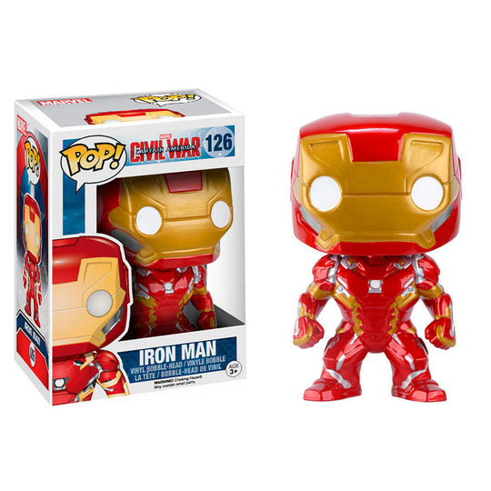 Figurine POP Funko Iron Man de Marvel Civil War mesurant environ 9 cm, avec détails précis et couleurs vives.