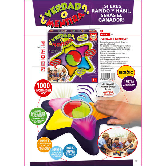 Boîte du jeu Spanish ¿Verdad o Mentira? de la marque EDUCA BORRAS avec illustrations colorées et titre visible
