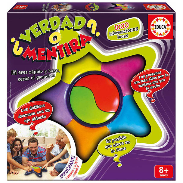 Base électronique du jeu Spanish ¿Verdad o Mentira? accompagnée des cartes de jeu et des instructions détaillées