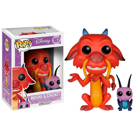 Figurine Funko Pop Disney de Mushu et Cricket de profil sur fond blanc, taille 9 cm