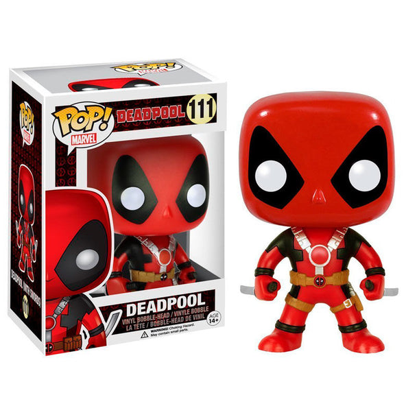Figurine Funko POP Deadpool Marvel de 10cm avec ses épées, présentée dans sa boîte cadeau.