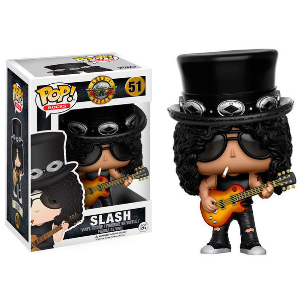 Figurine Funko POP de Slash de Guns N' Roses en vinyle, hauteur 9 cm, présentée dans sa boîte cadeau officielle.