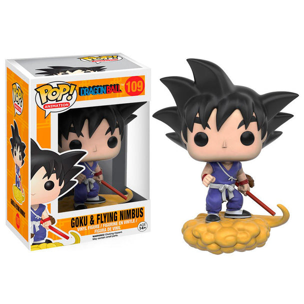 Figurine Funko POP de Goku sur son nuage Nimbus, en vinyle, hauteur 9,5 cm, avec détails colorés et boîte cadeau.
