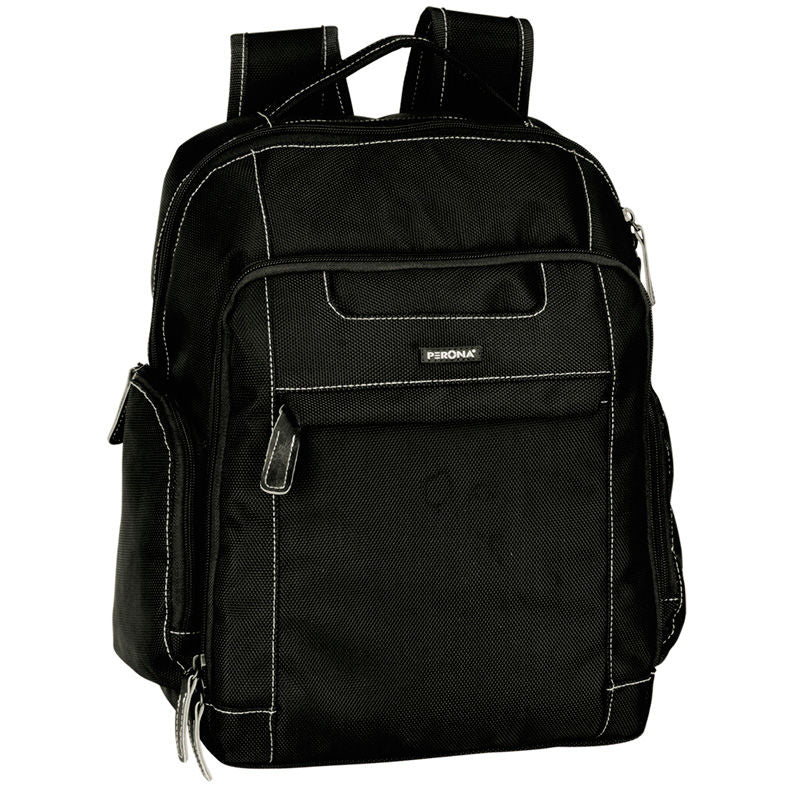 Sacoche business Perona noire de 36cm avec compartiments pour tablette et documents, vue frontale.