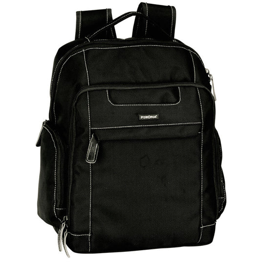 Sacoche business Perona noire de 36cm avec compartiments pour tablette et documents, vue frontale.