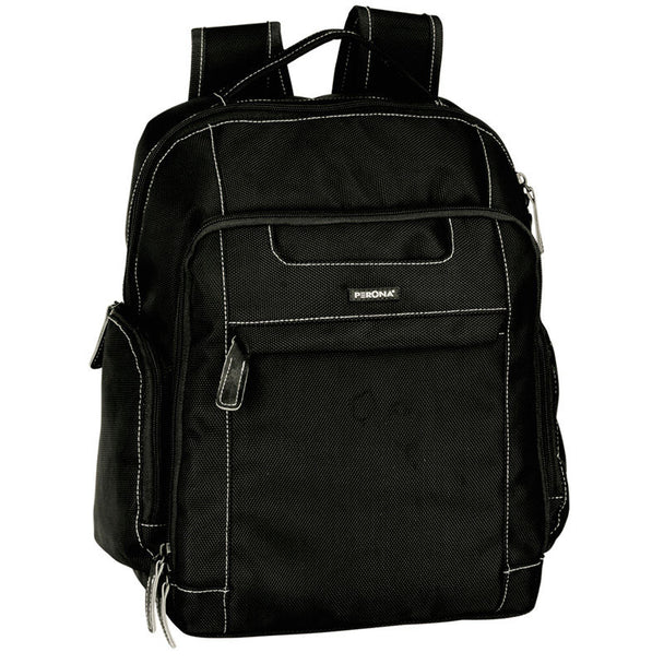 Sacoche business Perona noire de 36cm avec compartiments pour tablette et documents, vue frontale.