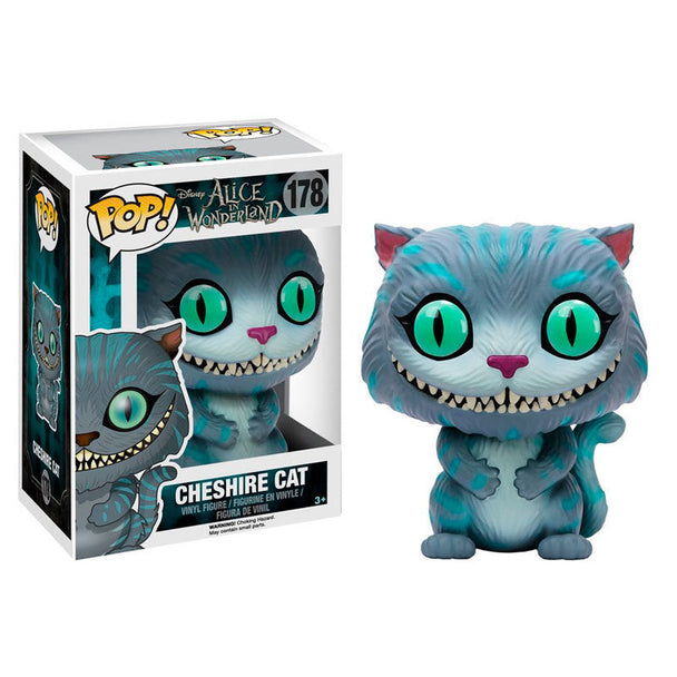Figurine Funko POP Cheshire Cat de 9 cm en vinyle, présentée dans sa boîte cadeau, inspirée d'Alice au Pays des Merveilles.