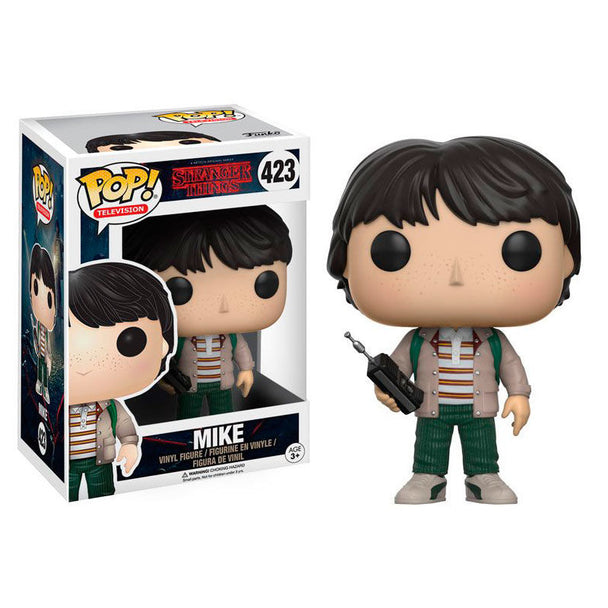 Figurine Funko POP de Mike de Stranger Things tenant un talkie walkie, en vinyle de 9 cm dans sa boîte cadeau.