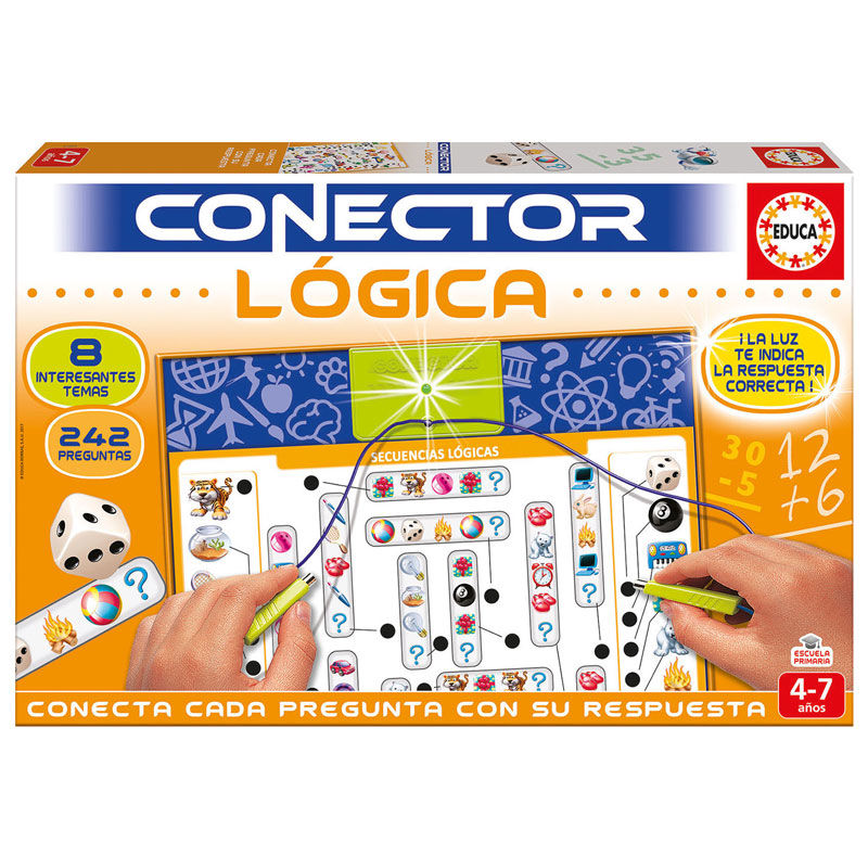 Boîte du jeu éducatif Spanish Logic Conector d'EDUCA BORRAS avec 8 feuilles et base multi-connecteurs pour enfants 4-7 ans.