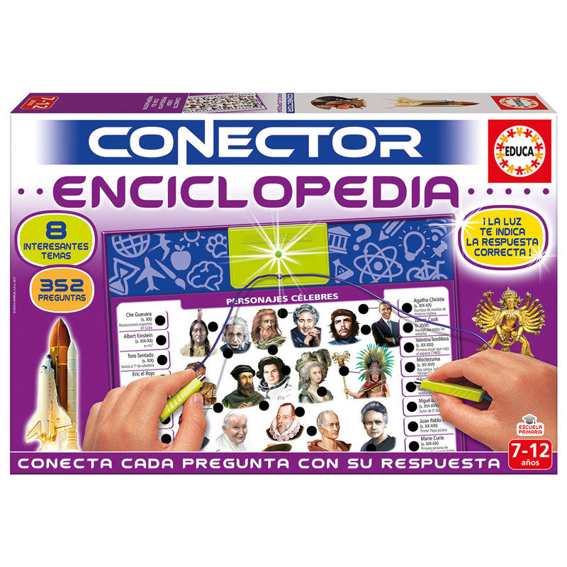 Boîte du jeu éducatif Spanish Encyclopedia Conector d'EDUCA BORRAS pour enfants de 7 à 12 ans avec 8 feuilles et 352 questions.
