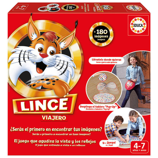 Boîte du jeu de société Traveling Lince EDUCA BORRAS avec plateau, cartes et jetons colorés pour enfants 4-7 ans.