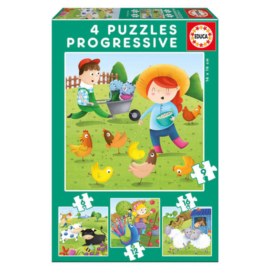 Puzzle évolutif EDUCA BORRAS représentant des animaux de la ferme avec 6 à 16 pièces, dimensions 16x16 cm.
