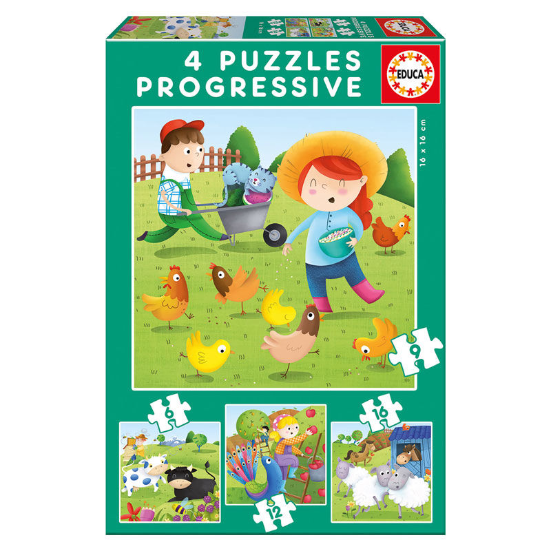 Puzzle évolutif EDUCA BORRAS représentant des animaux de la ferme avec 6 à 16 pièces, dimensions 16x16 cm.