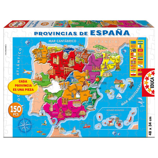 Puzzle de 150 pièces représentant les provinces d’Espagne, avec des couleurs vives et détaillées, dimensions 48x34cm.