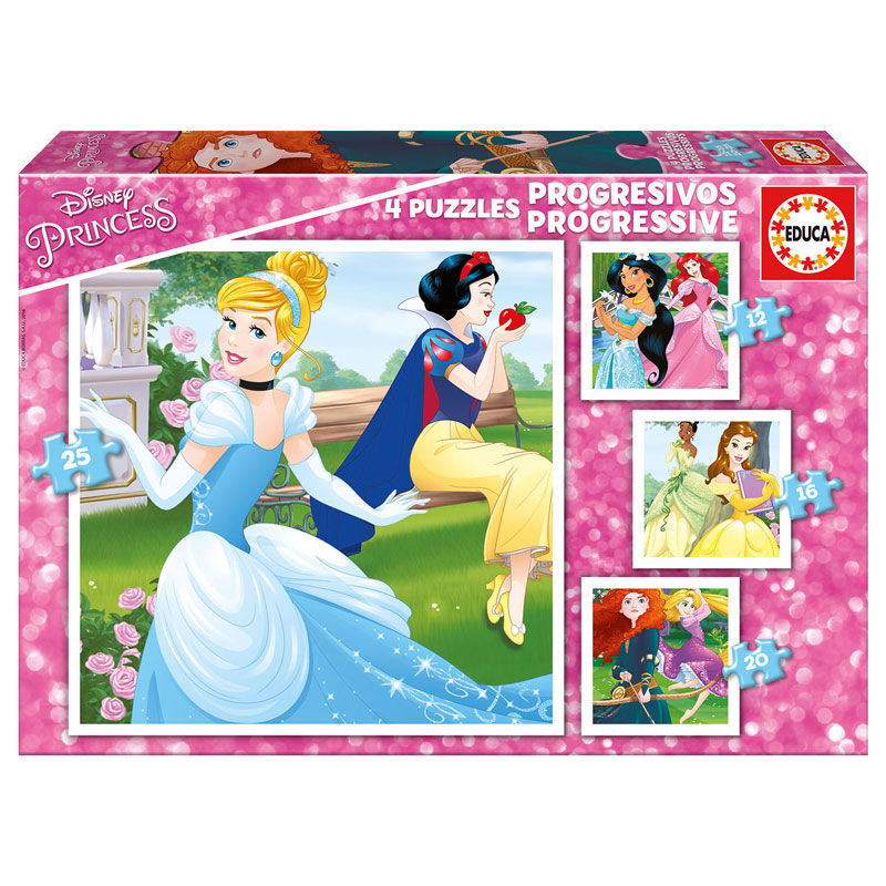 Puzzle Disney Princess EDUCA BORRAS en 12 à 25 pièces, format 16x16 cm avec illustrations colorées de princesses Disney.