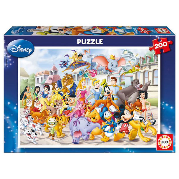 Puzzle Disney Parade de 200 pièces avec une illustration colorée de personnages Disney, dimensions 40x28 cm.